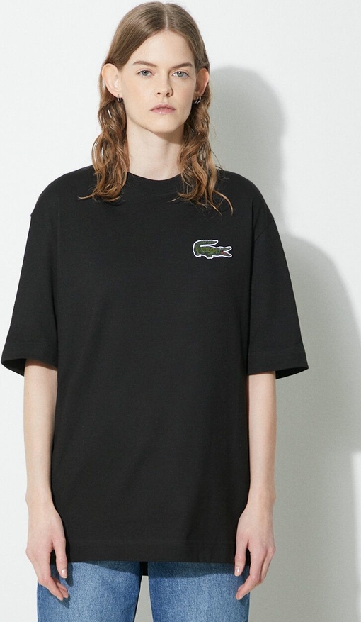 Czarny t-shirt Lacoste w stylu casual z krótkim rękawem z bawełny
