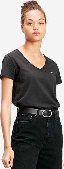 Czarny t-shirt Levis z krótkim rękawem z dekoltem w kształcie litery v z bawełny