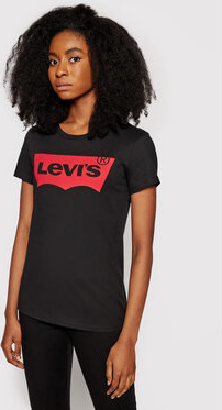 Czarny t-shirt Levis z krótkim rękawem z okrągłym dekoltem w młodzieżowym stylu
