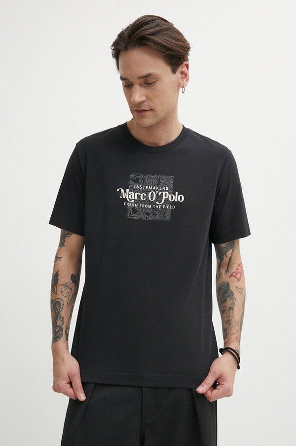 Czarny t-shirt Marc O'Polo z nadrukiem w młodzieżowym stylu z bawełny