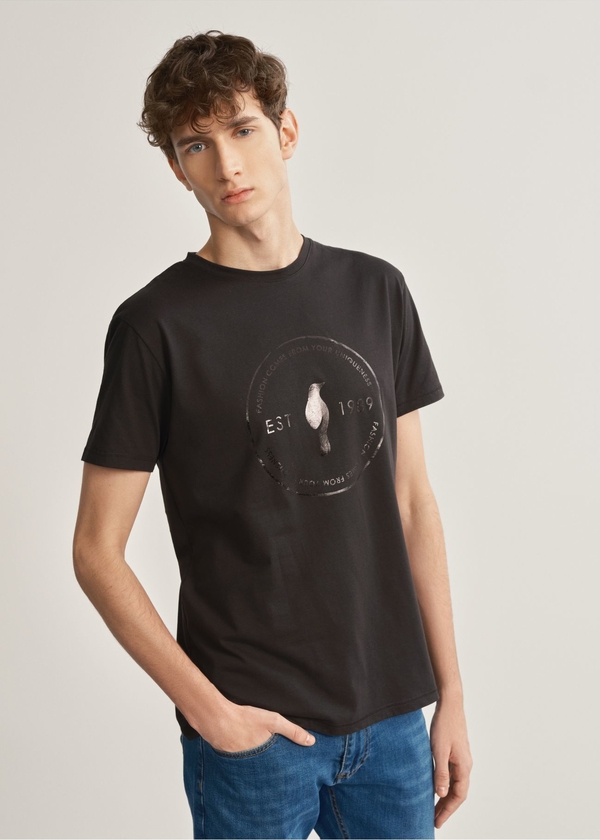 Czarny t-shirt Ochnik z krótkim rękawem w młodzieżowym stylu z bawełny