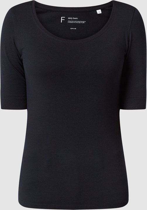 Czarny t-shirt Opus w stylu casual z bawełny z okrągłym dekoltem