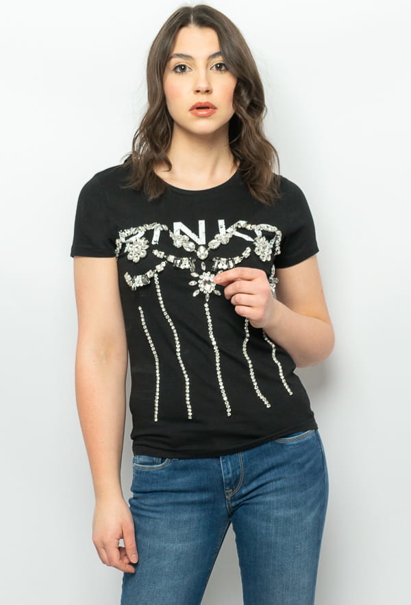 Czarny t-shirt Pinko w młodzieżowym stylu z krótkim rękawem z bawełny