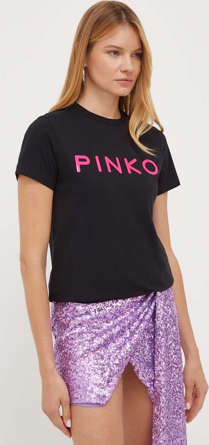 Czarny t-shirt Pinko z krótkim rękawem z okrągłym dekoltem w młodzieżowym stylu