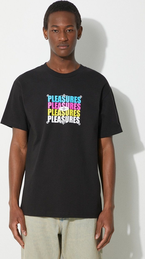 Czarny t-shirt Pleasures w młodzieżowym stylu z krótkim rękawem z nadrukiem