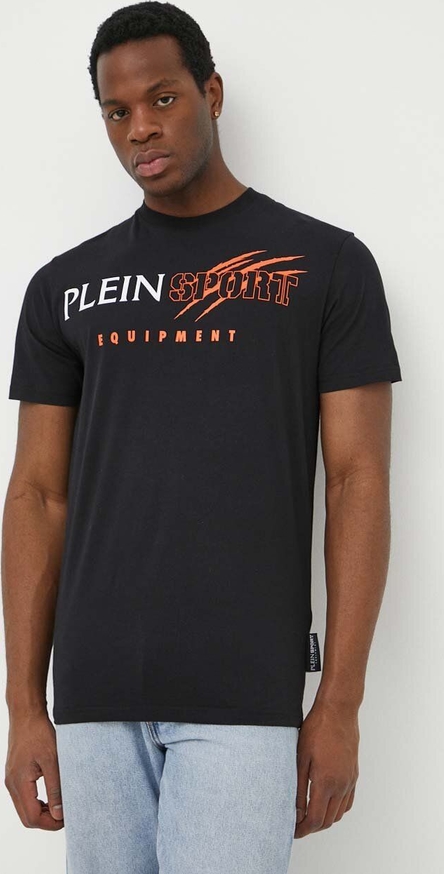 Czarny t-shirt Plein Sport z krótkim rękawem z bawełny
