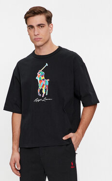 Czarny t-shirt POLO RALPH LAUREN z krótkim rękawem z nadrukiem w młodzieżowym stylu