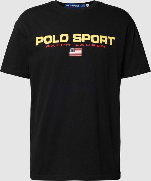 Czarny t-shirt Polo Sport z krótkim rękawem z bawełny z nadrukiem