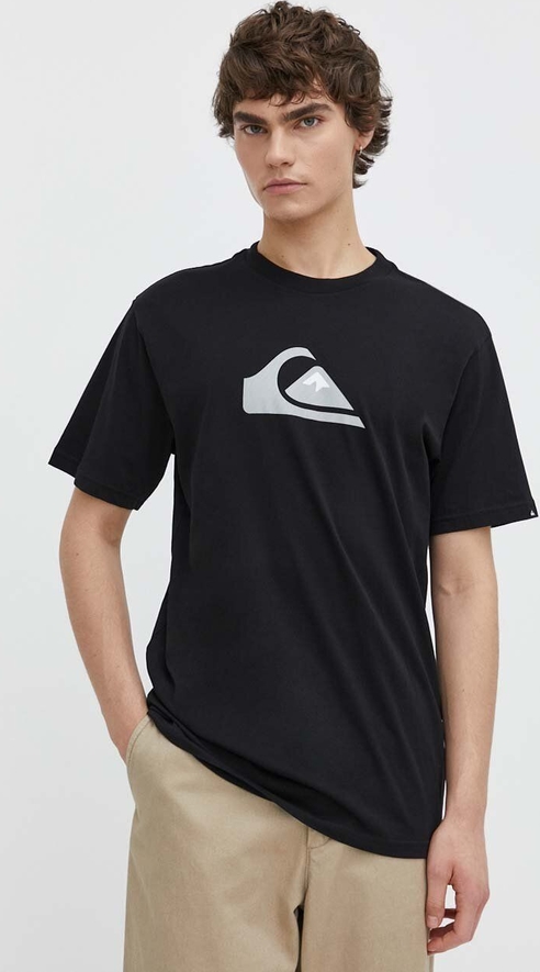Czarny t-shirt Quiksilver z krótkim rękawem z nadrukiem z bawełny