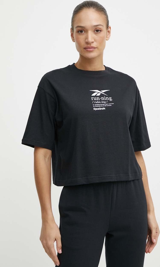 Czarny t-shirt Reebok w sportowym stylu z okrągłym dekoltem z bawełny