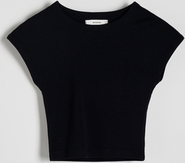 Czarny t-shirt Reserved z krótkim rękawem z okrągłym dekoltem z bawełny