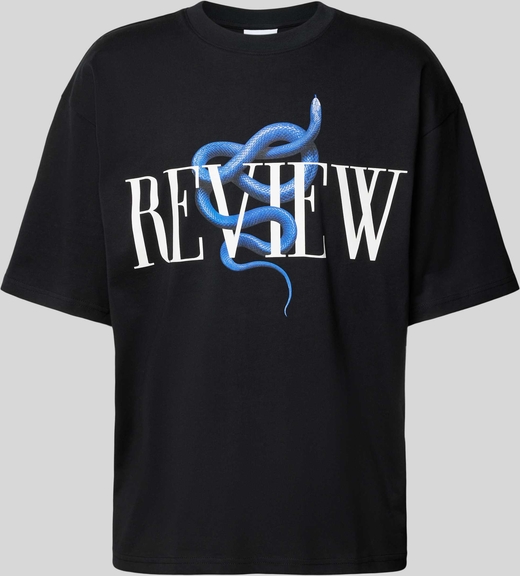Czarny t-shirt Review w młodzieżowym stylu z krótkim rękawem z bawełny