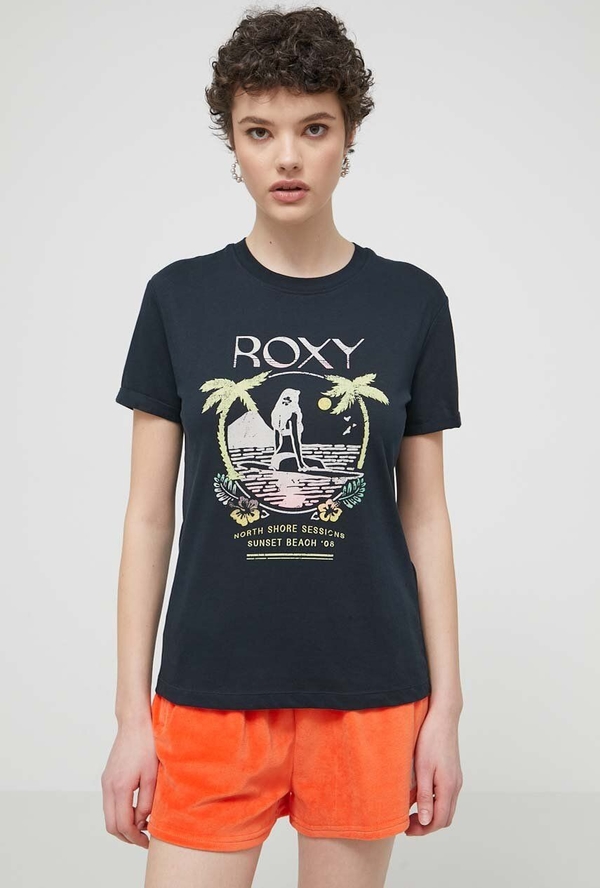 Czarny t-shirt Roxy w młodzieżowym stylu z nadrukiem z okrągłym dekoltem