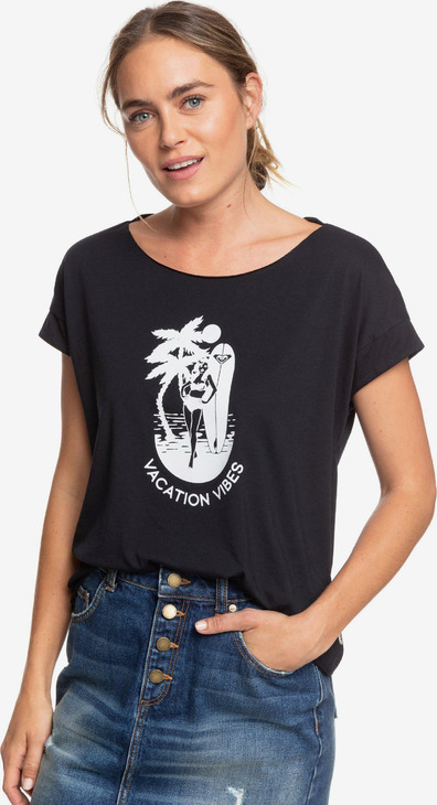 Czarny t-shirt Roxy z okrągłym dekoltem w młodzieżowym stylu