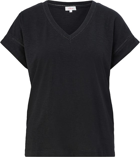 Czarny t-shirt S.Oliver z krótkim rękawem z dekoltem w kształcie litery v