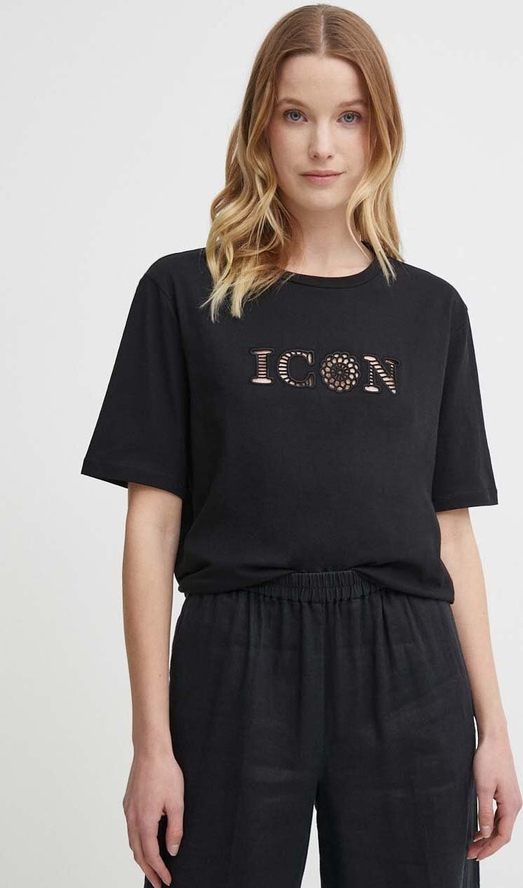 Czarny t-shirt Sisley w młodzieżowym stylu z bawełny z okrągłym dekoltem