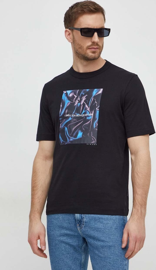 Czarny t-shirt Sisley z nadrukiem z bawełny z krótkim rękawem