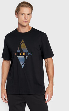 Czarny t-shirt Skechers z krótkim rękawem z nadrukiem w młodzieżowym stylu