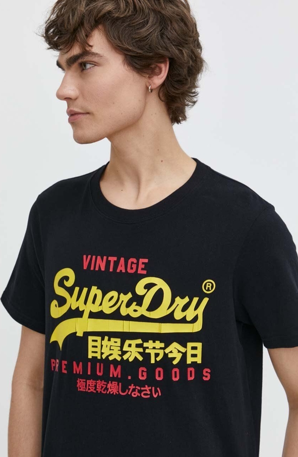 Czarny t-shirt Superdry z bawełny z krótkim rękawem z nadrukiem