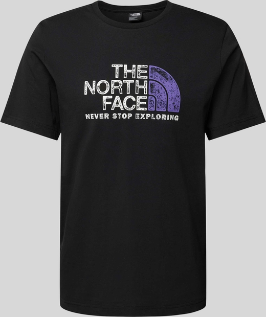 Czarny t-shirt The North Face z nadrukiem z krótkim rękawem w sportowym stylu