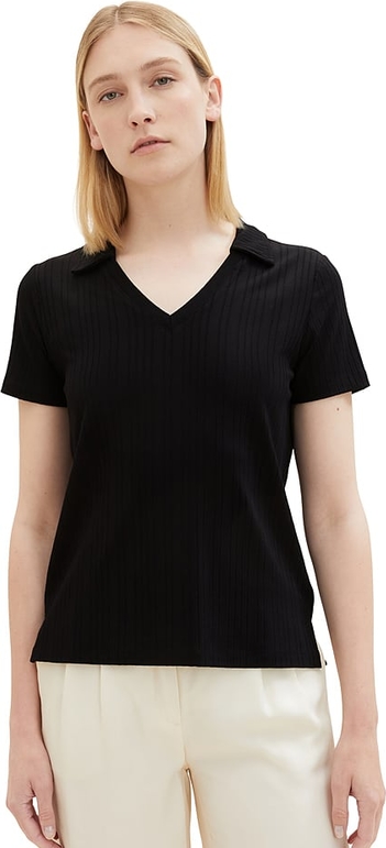 Czarny t-shirt Tom Tailor z dekoltem w kształcie litery v z krótkim rękawem