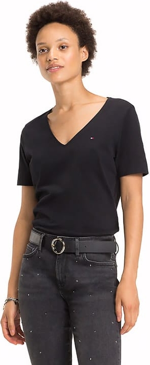 Czarny t-shirt Tommy Hilfiger z dekoltem w kształcie litery v w młodzieżowym stylu z krótkim rękawem