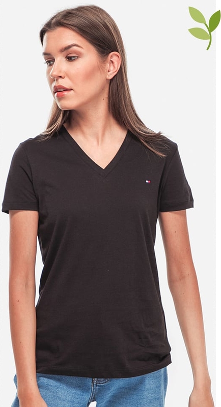 Czarny t-shirt Tommy Hilfiger z dekoltem w kształcie litery v z krótkim rękawem w stylu casual