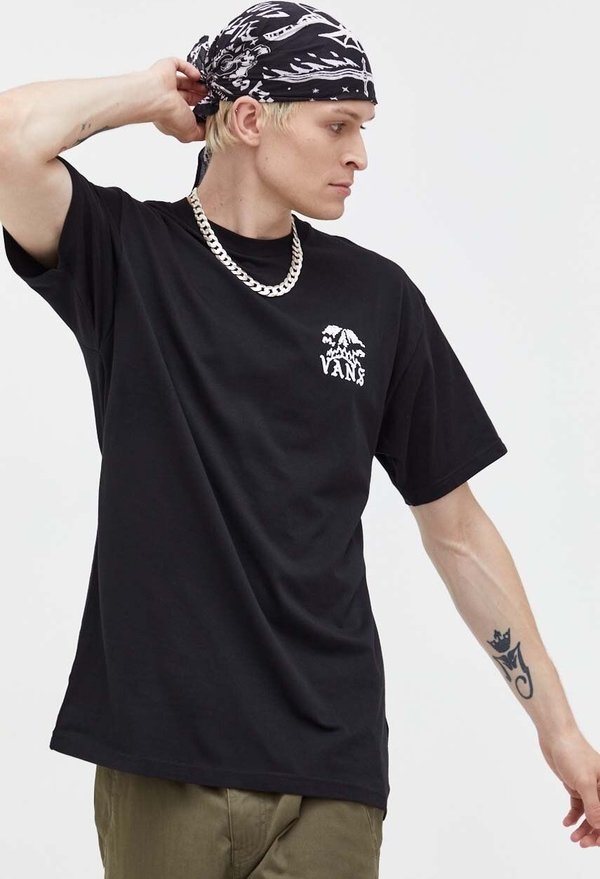 Czarny t-shirt Vans z nadrukiem z krótkim rękawem w młodzieżowym stylu