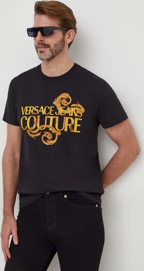 Czarny t-shirt Versace Jeans z nadrukiem z krótkim rękawem