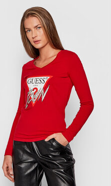Czerwona bluzka Guess z okrągłym dekoltem z długim rękawem