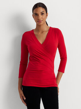 Czerwona bluzka Ralph Lauren z długim rękawem w stylu casual z dekoltem w kształcie litery v