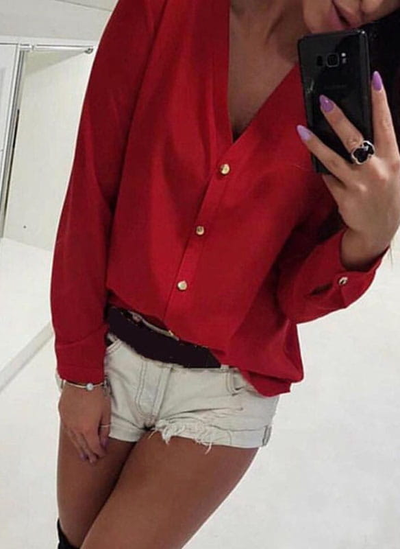 Czerwona bluzka Sandbella z długim rękawem w stylu casual z szyfonu