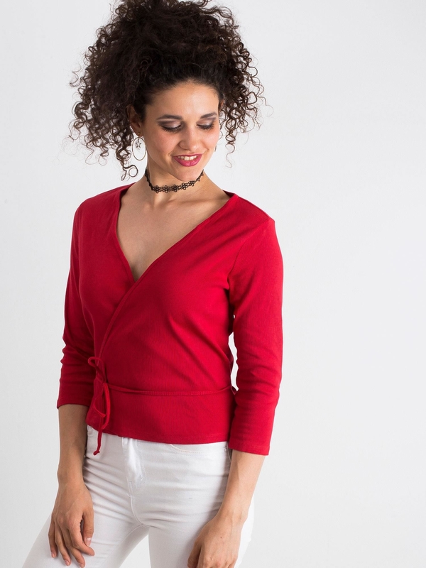 Czerwona bluzka Sheandher.pl z dekoltem w kształcie litery v z bawełny z długim rękawem