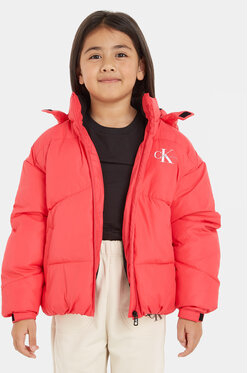 Czerwona kurtka dziecięca Calvin Klein dla dziewczynek z jeansu