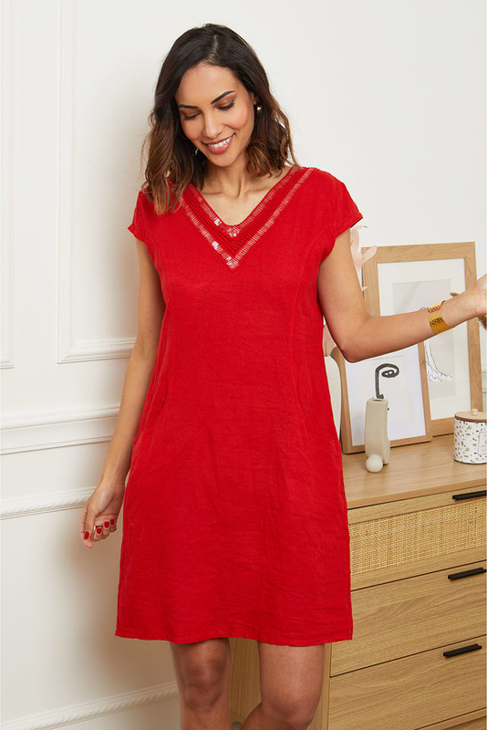 Czerwona sukienka 100% Lin z dekoltem w kształcie litery v z lnu mini