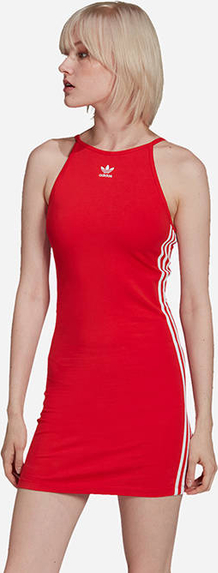 Czerwona sukienka Adidas Originals z okrągłym dekoltem dopasowana w sportowym stylu