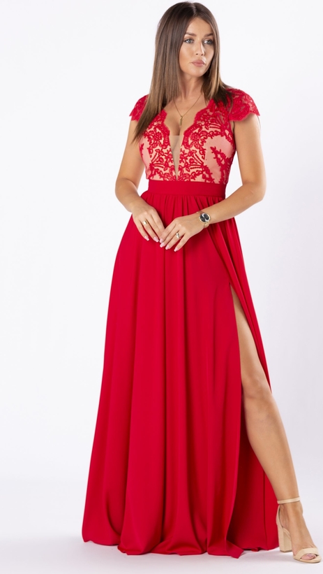 Czerwona sukienka Ariana z krótkim rękawem z tiulu z dekoltem w kształcie litery v