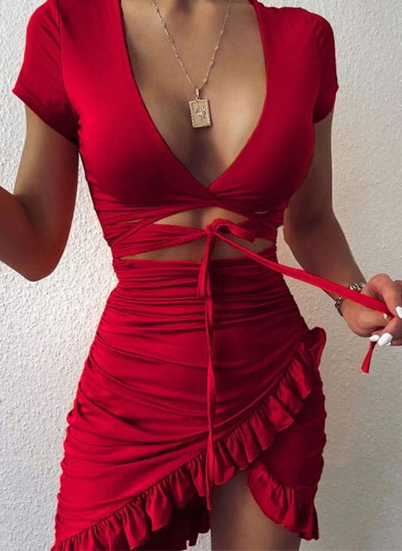 Czerwona sukienka Arilook mini w stylu casual z dekoltem w kształcie litery v