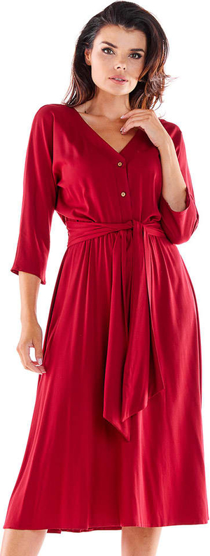 Czerwona sukienka Awama maxi z dekoltem w kształcie litery v z długim rękawem