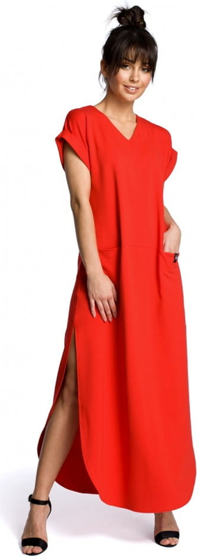 Czerwona sukienka Be maxi z dekoltem w kształcie litery v z krótkim rękawem