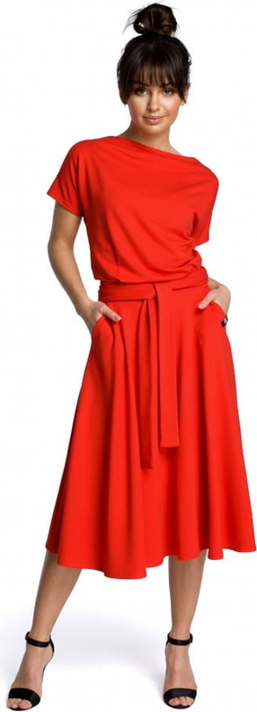 Czerwona sukienka Be z krótkim rękawem midi