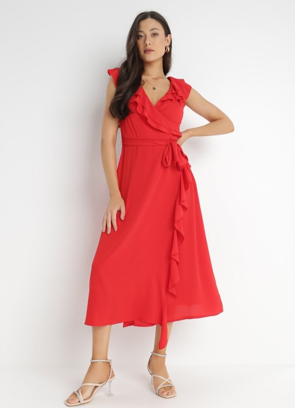 Czerwona sukienka born2be kopertowa z dekoltem w kształcie litery v midi