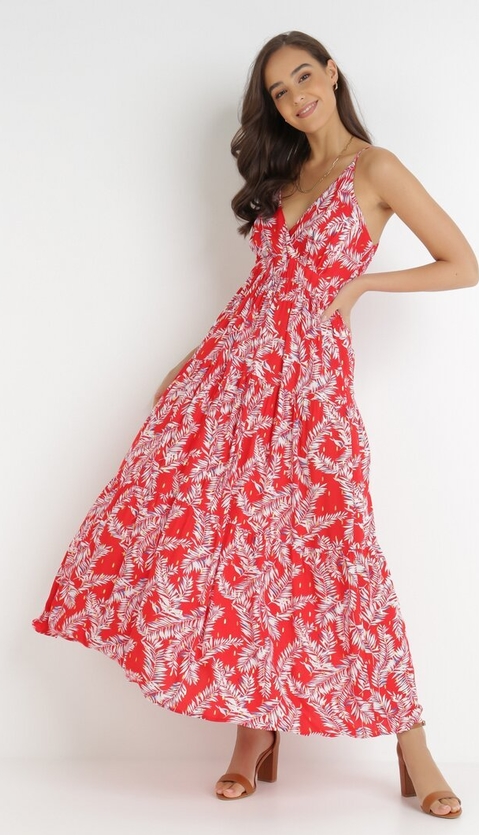 Czerwona sukienka born2be maxi z dekoltem w kształcie litery v
