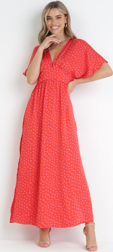 Czerwona sukienka born2be z krótkim rękawem maxi z dekoltem w kształcie litery v