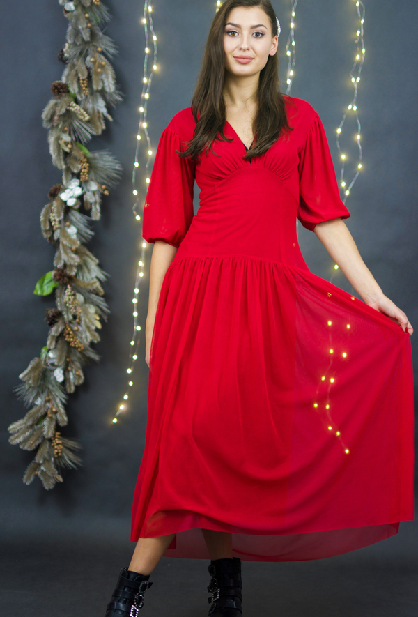 Czerwona sukienka Byinsomnia z dekoltem w kształcie litery v z długim rękawem w stylu casual