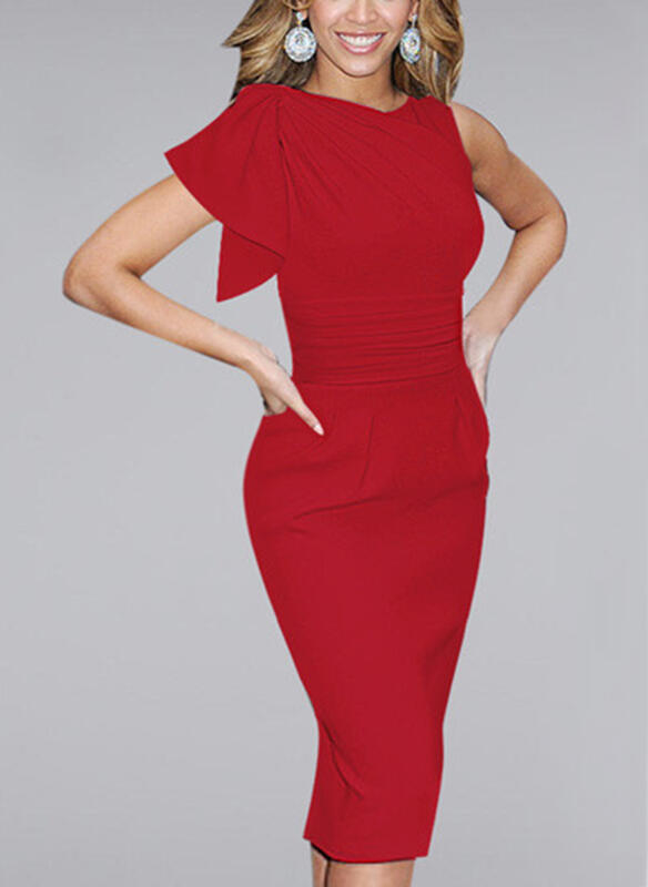Czerwona sukienka Cikelly dopasowana z krótkim rękawem z okrągłym dekoltem
