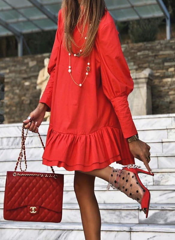 Czerwona sukienka Cikelly koszulowa z długim rękawem z dekoltem w kształcie litery v