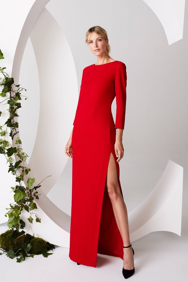 Czerwona sukienka Deni Cler z długim rękawem maxi