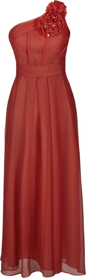 Czerwona sukienka Fokus maxi rozkloszowana z asymetrycznym dekoltem