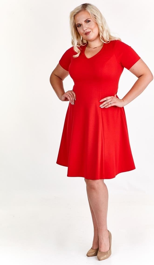 Czerwona sukienka Fokus midi rozkloszowana z krótkim rękawem